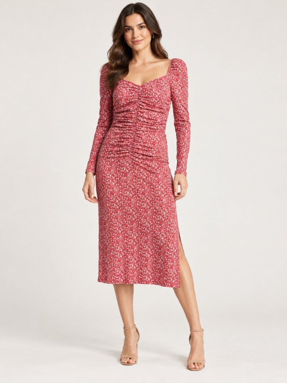 Charles Henry Ruched Ditsy Floral Long-Sleeve Midi Dress